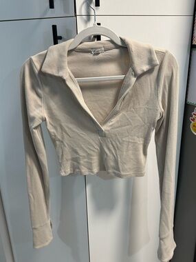 Garage Beige Ribbed Cropped Long-Sleeve Polo Top